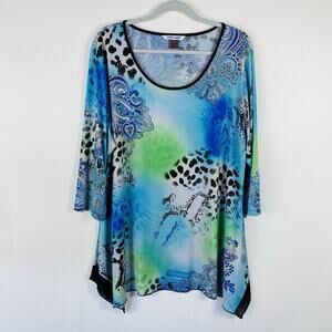 Peter Nygard Top 2X Printed Tunic 3/4 Sleeve Stretch Scoop Neck Blue Green